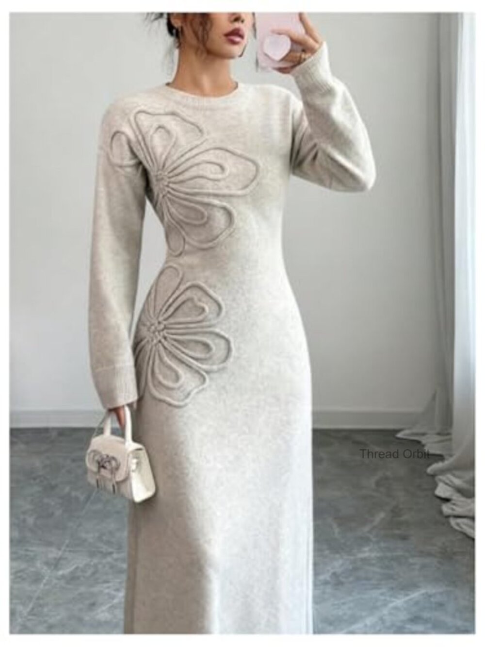 3D Floral Sweater Dress Long Sleeve Crew Neck Knit Fall Winter Maxi Dress - Picture 5 of 5